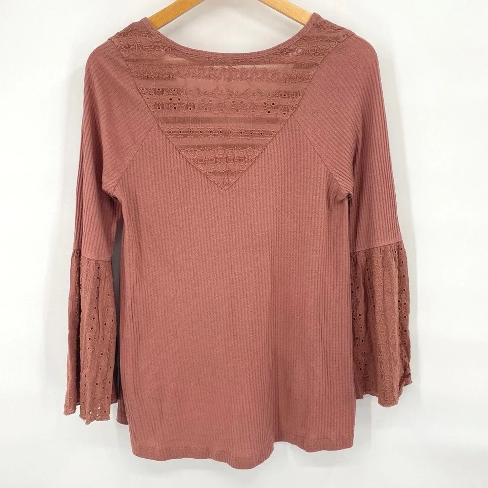 Free People Parisian Nights Rose Ribbed Bell Sleeve Eyelet Top Womens Small Boho